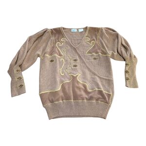 Bonnie & Bill by Holly Vintage 80s Women Medium Camel Brown Sparkle Jewel V-Neck